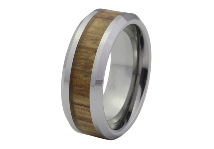 James - Silver Bevel Edge Tungsten Ring with Light Wood Inlay 8mm