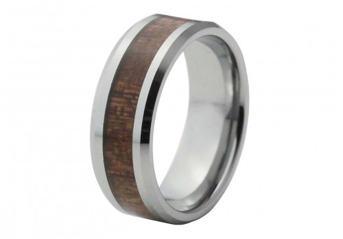 Silver Bevel Edge Tungsten Ring with Red Wood Inlay