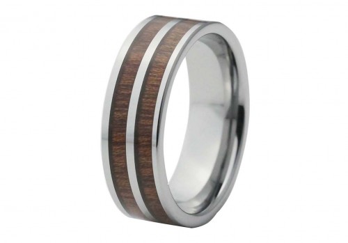 Silver Tungsten Ring with Double Red Wood Inlay