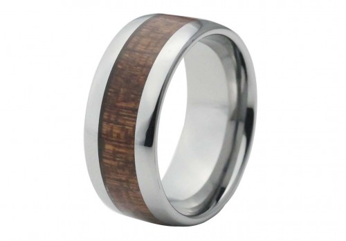 Silver Domed Tungsten Ring with Red Wood Inlay 10mm