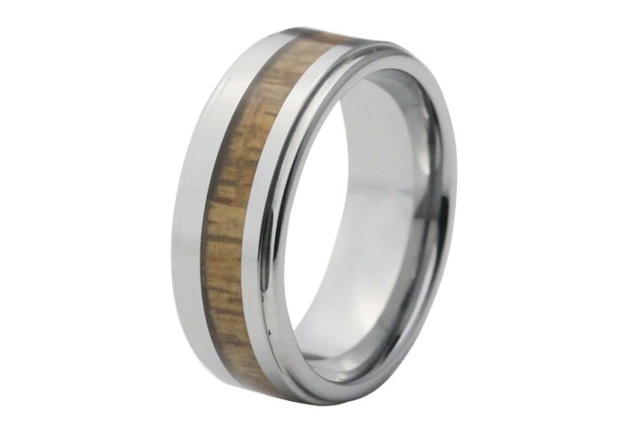 Clint - Silver Stepped Edge Tungsten Ring with Light Wood Inlay 8mm