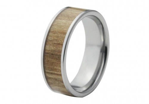 Silver Pipe Cut Tungsten Ring with Light Wood Inlay