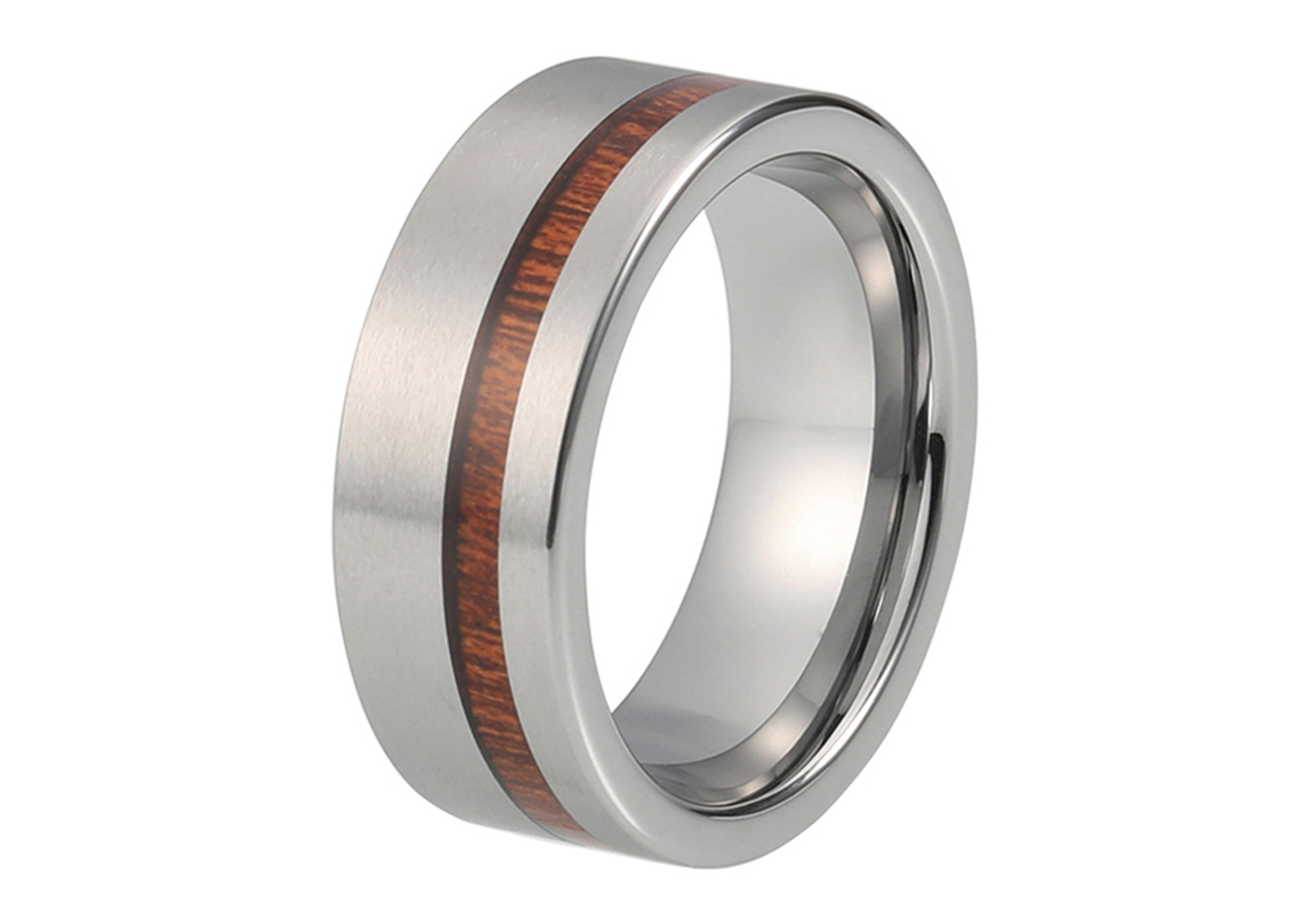 Silver Tungsten Ring with Double Red Wood Inlay 8mm by COWAN BROWN 